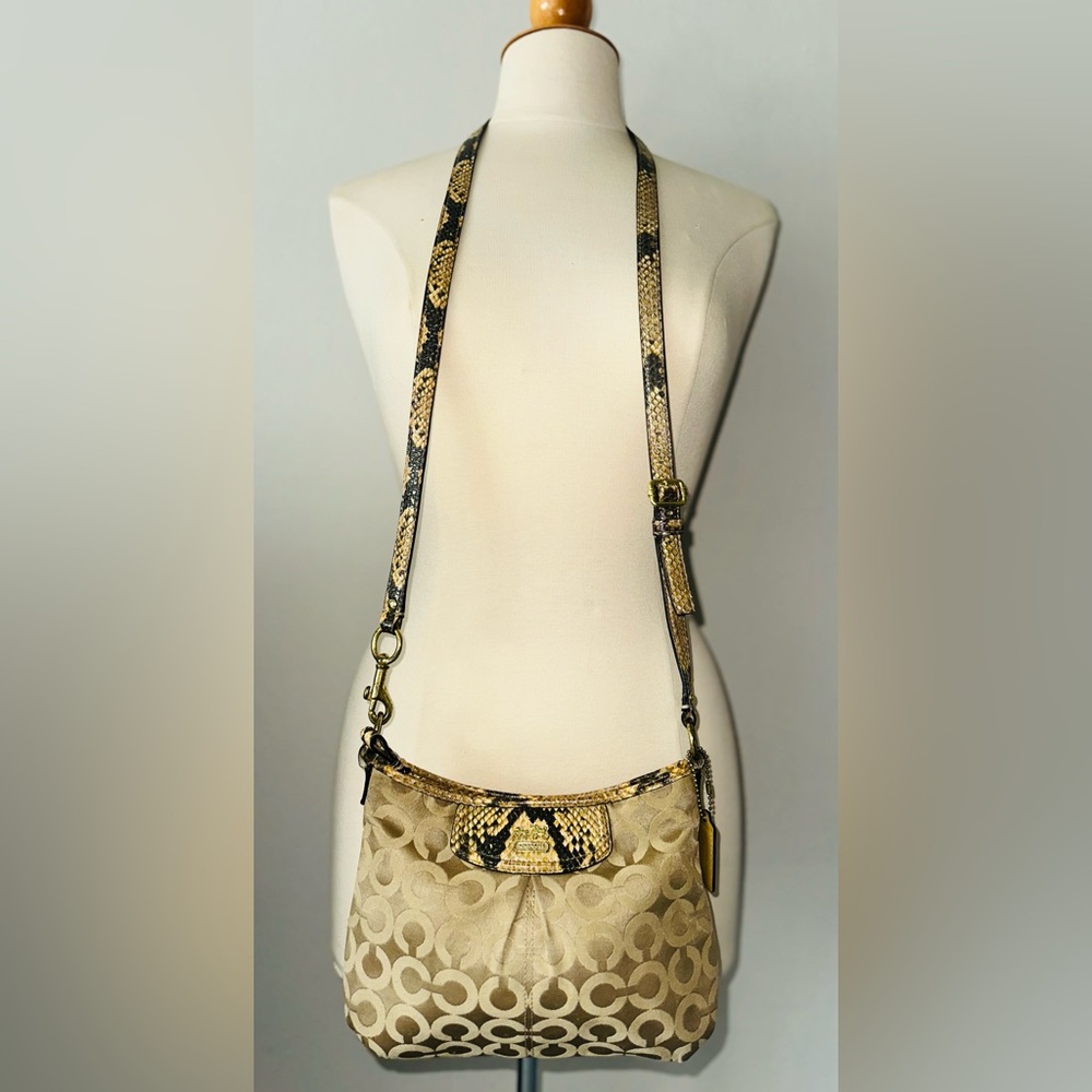 Coach Khaki Signature Jacquard & Snake-Embossed Leather Crossbody Bag.